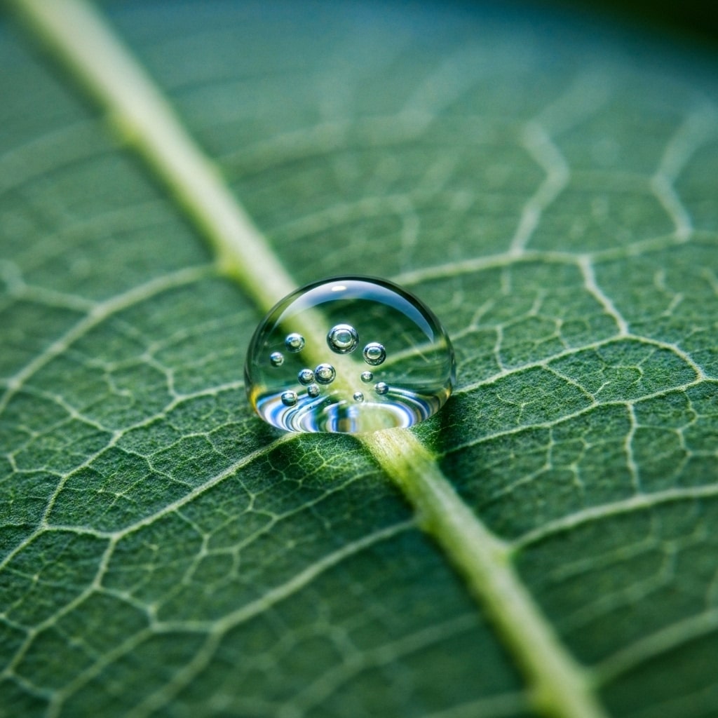A photorealistic close-up of a water droplet on a leaf, showing intricate details.