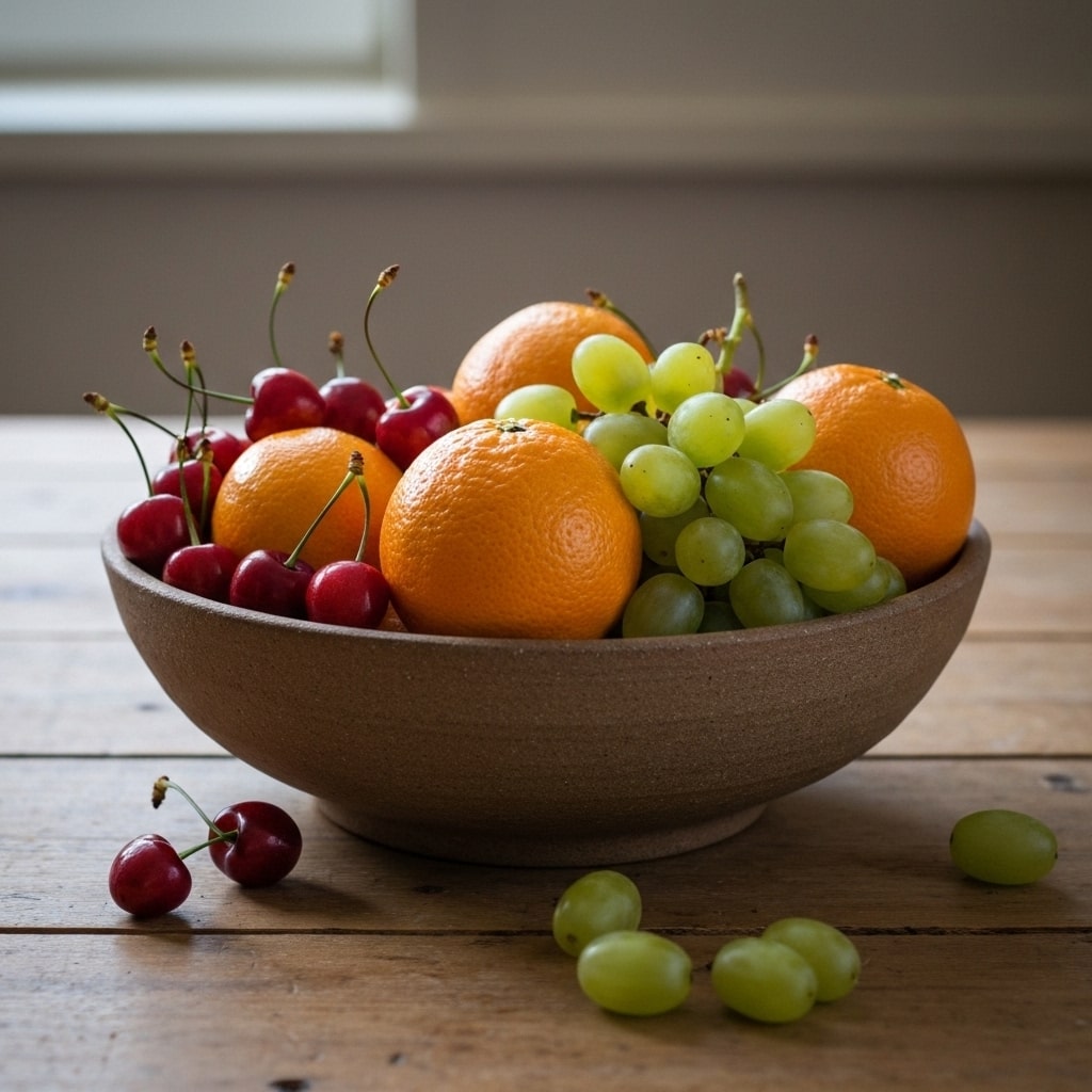 A photorealistic still life of a bowl of fruit on a wooden table, with soft lighting.